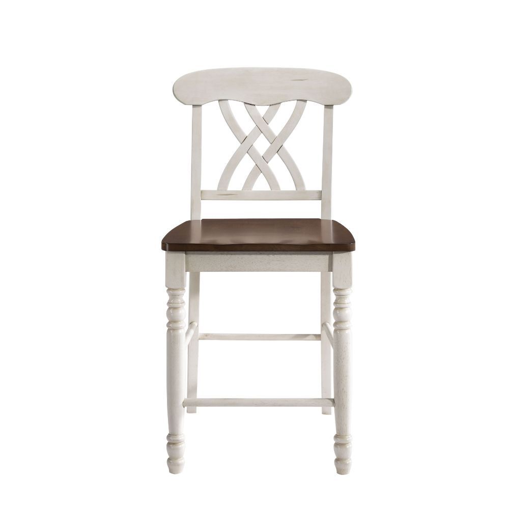 KD, Armless Counter Chair (High Backrest) Wooden SEAT & BACK: Oak Finish Wooden Seat & Apron: Buttermilk Finish, Solid Wood Seat w/Scooping, Box Seat Wooden Backrest: Overlapping -"XX-" Design, Buttermilk Finish Wooden Turned Front Legs: Buttermilk Finish