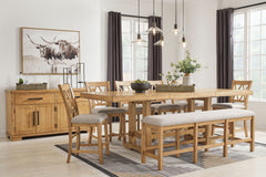 This dining package is a favorite for casual rustic interiors. Casual Rustic design. Made with Rubberwood solids, distressed Pine veneers and MDF substrates. Distressed light brown Pine finish. Counterheight extension table with two center leaves, can sit