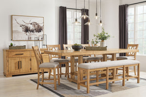 This dining package is a favorite for casual rustic interiors. Casual Rustic design. Made with Rubberwood solids, distressed Pine veneers and MDF substrates. Distressed light brown Pine finish. Counterheight extension table with two center leaves, can sit