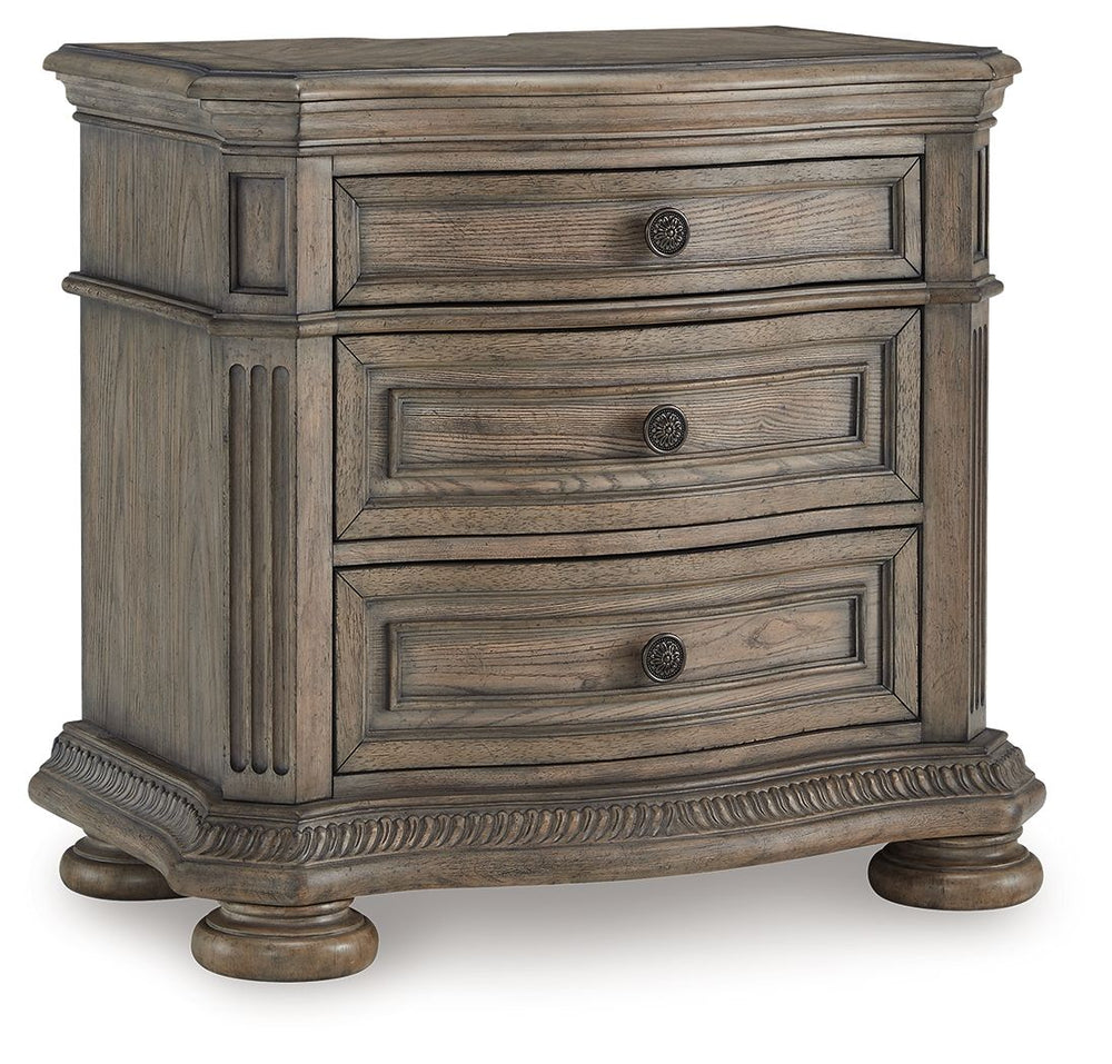 Merging traditional elegance with contemporary comfort, this nightstand takes your bedroom retreat to the next level. Serpentine curves, ash swirl veneer inlays on the top and a glazed antiqued-look finish radiate timeless sophistication. Drawers are pack