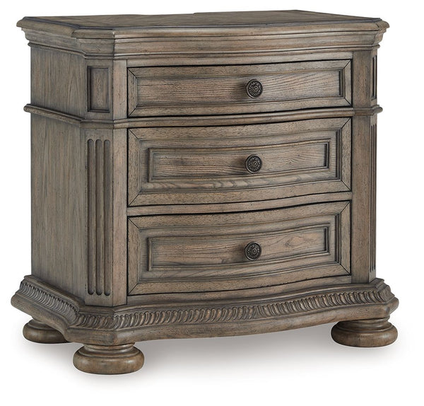 Merging traditional elegance with contemporary comfort, this nightstand takes your bedroom retreat to the next level. Serpentine curves, ash swirl veneer inlays on the top and a glazed antiqued-look finish radiate timeless sophistication. Drawers are pack