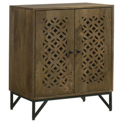 Decorative cutout designs on front doors embellish the artisan motif of this transitional accent cabinet. Versatile style and a spacious interior sets up a perfect well-rounded venue for your space, making a de-clutter effort easy. Brown finish mango wood