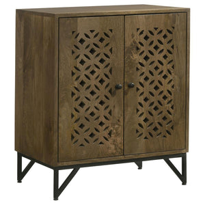Decorative cutout designs on front doors embellish the artisan motif of this transitional accent cabinet. Versatile style and a spacious interior sets up a perfect well-rounded venue for your space, making a de-clutter effort easy. Brown finish mango wood