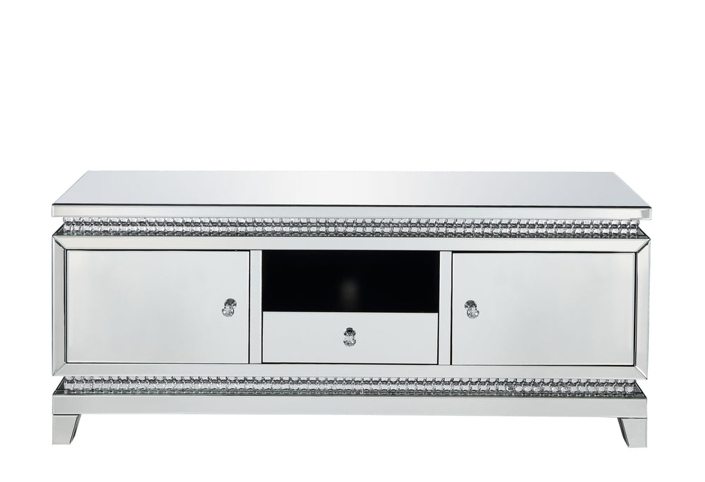Indulge in some Hollywood glamour while enjoy your TV time. The Lotus TV stand boasts a glimmering border with faux crystals that make it stand out in a bright glam style. It-'s mirrored surfaces add depth and shine to room areas, giving you a clear and s