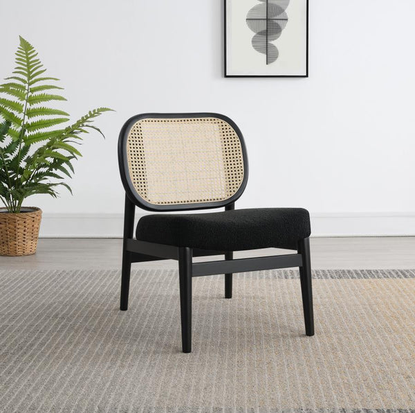  airy presence to any living area. Lounge chair features a rattan open cane webbing back that breathes natural style and a fabric upholstered cushioned seat for soft