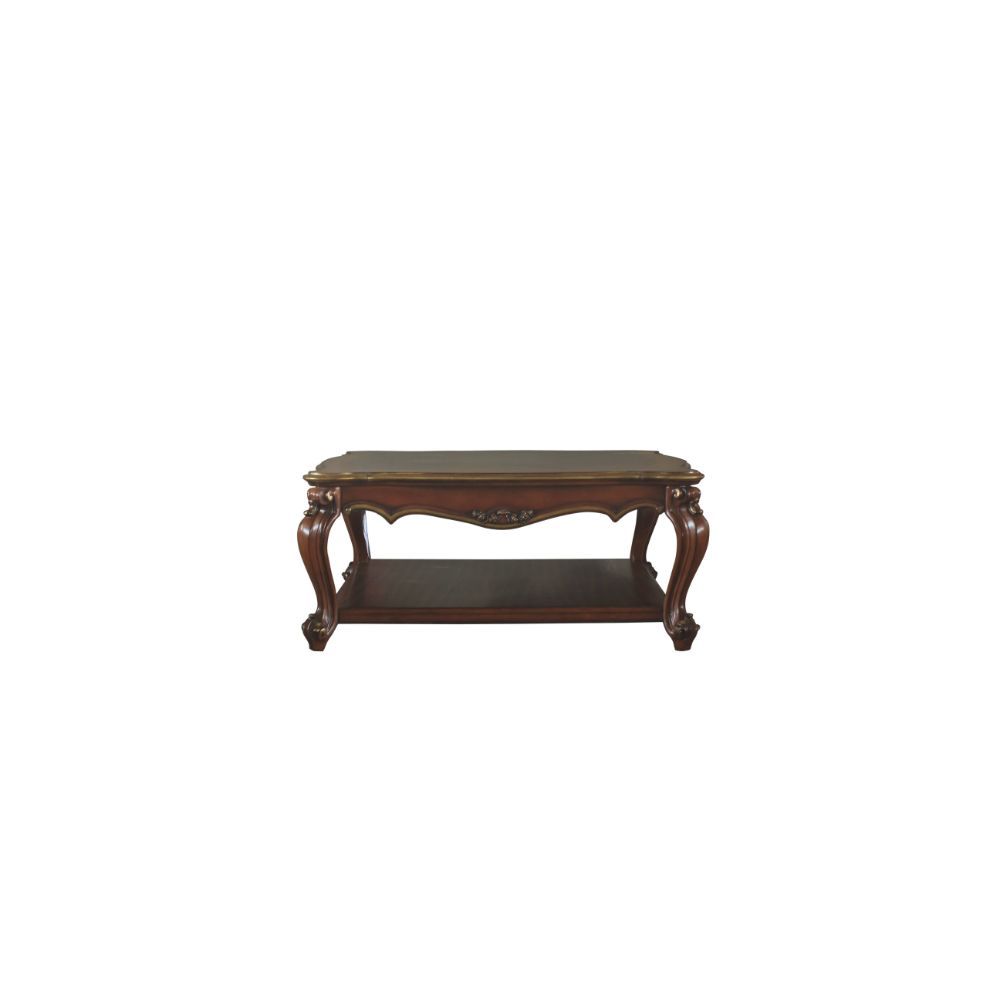 KD, Square Leg Coffee Table â€¢ Storage: Open Compartment (Bottom Shelf) â€¢ Features: Wood Scalloped Top & Shelf, Oversized Queen Anne Legs with Oversized Molding Trim w/Antique Brushed Finish â€¢â€¢ CONSTRUCTION] Wooden Top, Apron & Rectangular Shelf: W