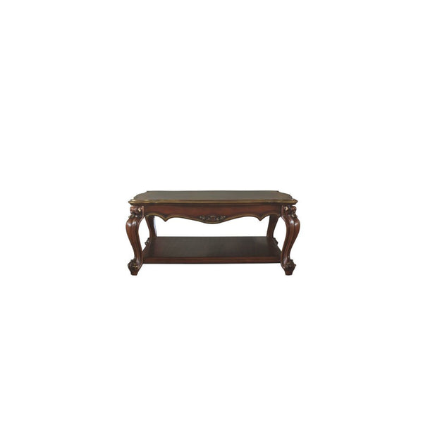 KD, Square Leg Coffee Table â€¢ Storage: Open Compartment (Bottom Shelf) â€¢ Features: Wood Scalloped Top & Shelf, Oversized Queen Anne Legs with Oversized Molding Trim w/Antique Brushed Finish â€¢â€¢ CONSTRUCTION] Wooden Top, Apron & Rectangular Shelf: W