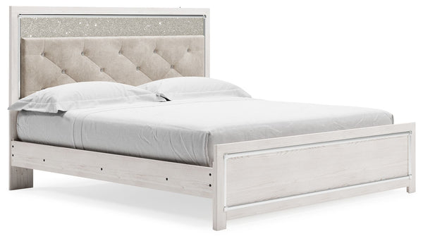  a pearlized finish and button-tufted upholstery bring a glam touch to the richly rustic appearance. Remote-contro