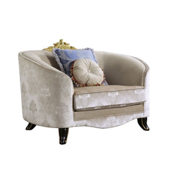 The Sheridan chair is defined by comfort and style. This beautiful chair features a solid wood molding crown with a tight back and loose seat cushions in classic cream fabric upholstery. Each piece of this sophisticated living room set boasts of elegantly