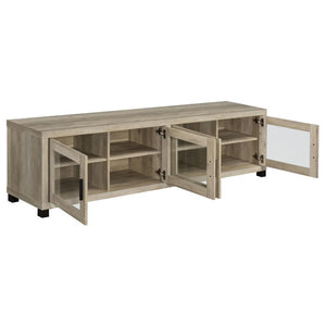  while the glass-paneled cabinet doors add a refined touch. Adjustable shelves