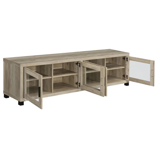  while the glass-paneled cabinet doors add a refined touch. Adjustable shelves