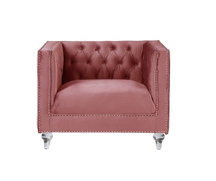 Impressive and bold, the Heiberoll living room collection is sure to impress your guests. The set includes mirrored side trim with faux diamonds to add a glimmering touch. The whimsical acrylic turned legs give off the illusion that the pieces are floatin