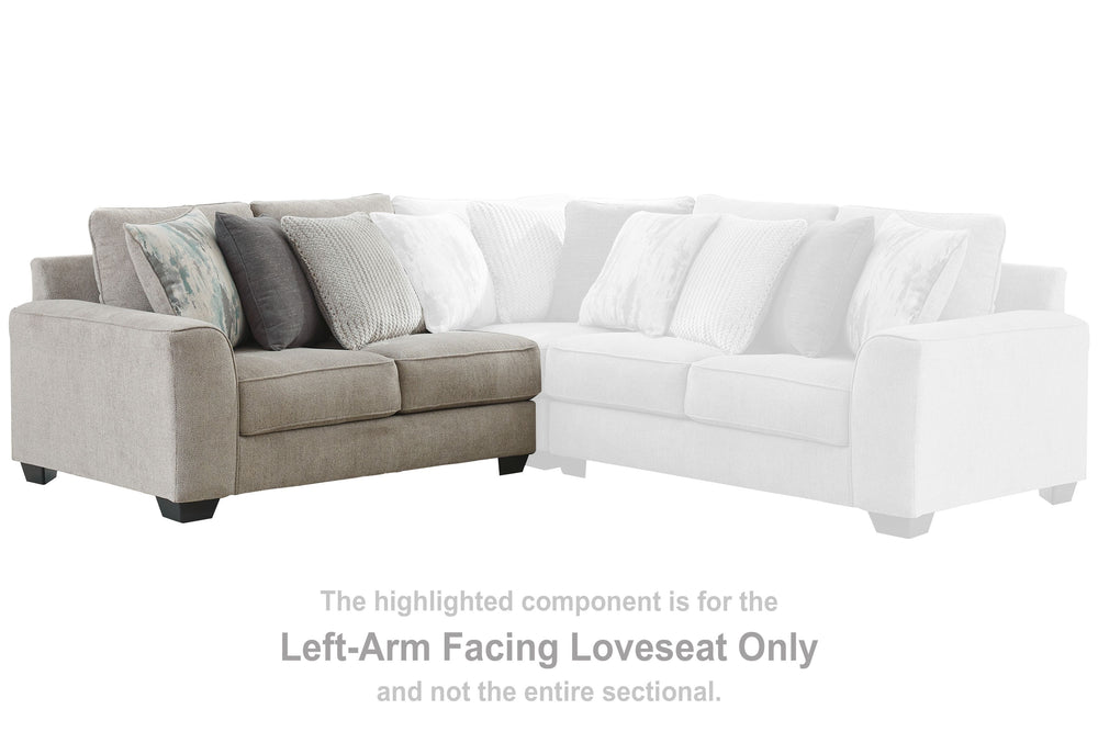 This left-arm facing loveseat is made with polyester upholstery. Pairs with other items in the series to make a sectional.<br><br><b>Additional Dimensions</b><br><ul><li>Arm height: 25-"</li><li>Leg height: 3-"</li><li>Minimum width of doorway for deliver