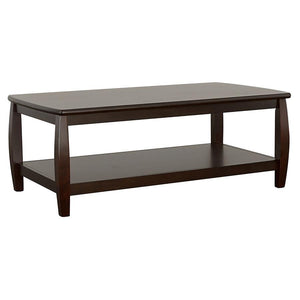 This rectangular coffee table offers a stylish and functional design, featuring a combination of hardwood and engineered wood with a rich birch and basswood veneer. The cappuccino finish enhances its timeless appeal, making it an ideal addition to any liv