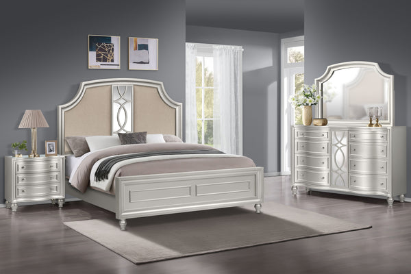 Step into timeless elegance with the Reflection 4 Piece Bedroom Set in Silver, featuring a bed, dresser, mirror, and nightstand. Crafted from solid Pine and manufactured wood, this collection ensures enduring quality and strength. The glamorous matte silv