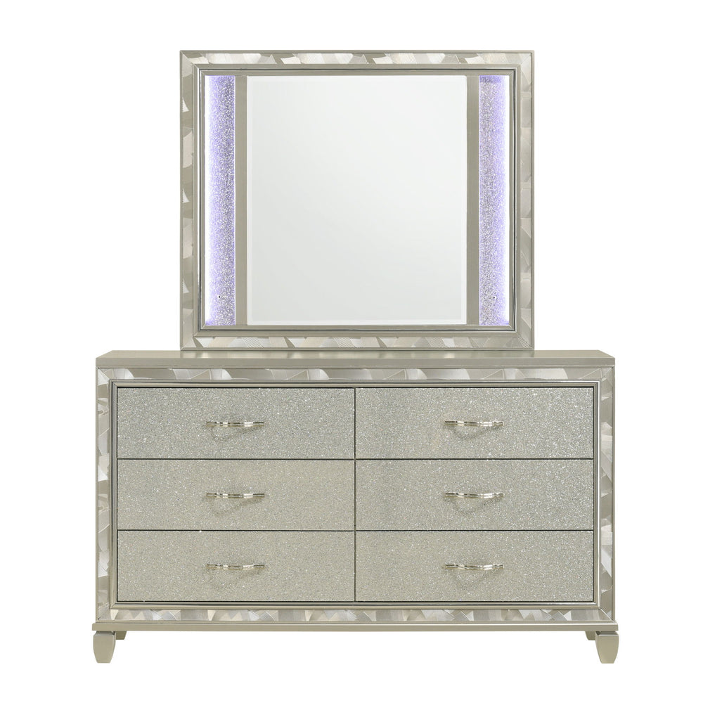 Introducing the Radiance Lighted Mirror in Platinum Silver, meticulously designed to complement the Radiance 6 Drawer Dresser. Crafted from a blend of Solid Rubberwood and engineered woods, this mirror ensures unparalleled stability and durability. Its se
