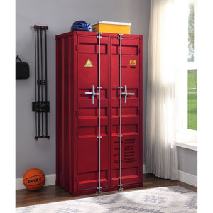 The Cargo Wardrobe is an excellent addition for storage in any bedroom, garage, or even in an off-site storage unit. This functional piece is created from iron metal and includes two front doors with a rod for hanging clothes and five open compartments.<b