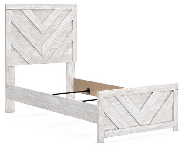  this twin panel bed embraces the aesthetics of countryside living and repurposes them for modern settings. Its whitewash paint