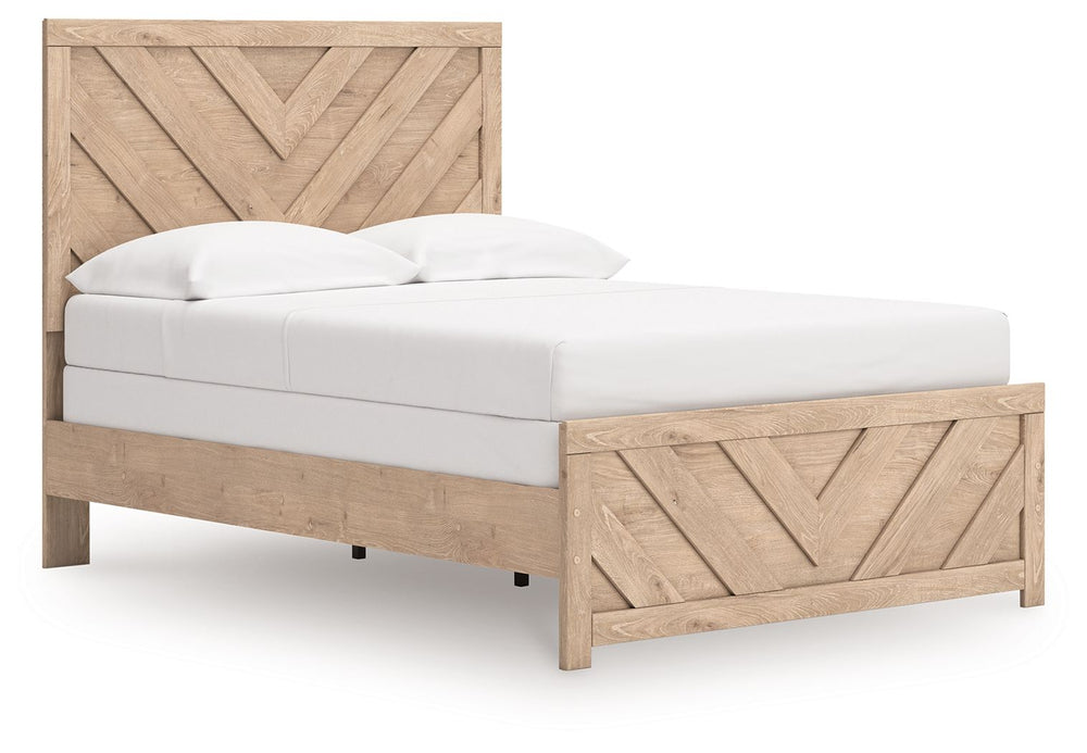 This full panel bed brings a touch of modern farmhouse charm to your home. Its light oak finish and clean lines have a fresh, airy feel, effortlessly creating an inviting atmosphere for a restful nightâ€™s sleep. A striking chevron pattern adds texture an