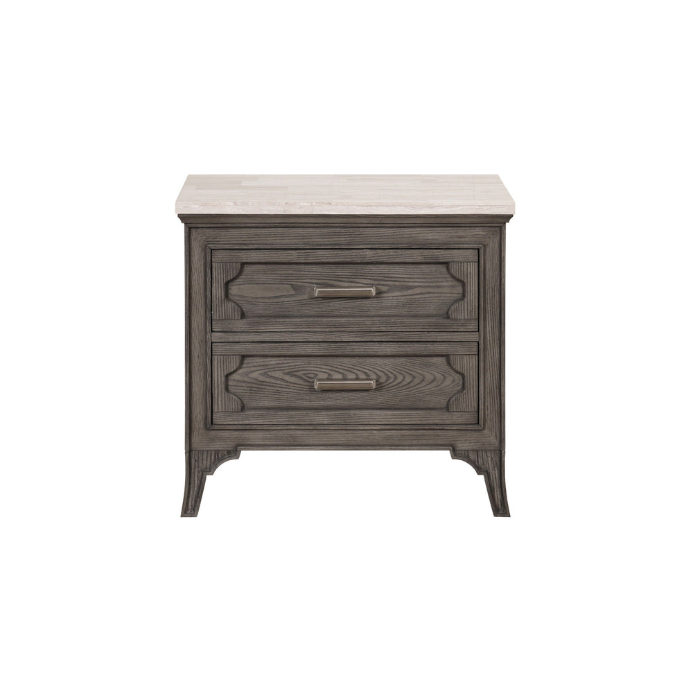 Elevate your bedside with the Lisbon Marble Top Nightstand in Gray. Crafted from Acacia solid wood and eco-friendly embossed oak laminate, this nightstand promises lasting strength and durability. Its multi-step gray finish enhances the natural beauty of 