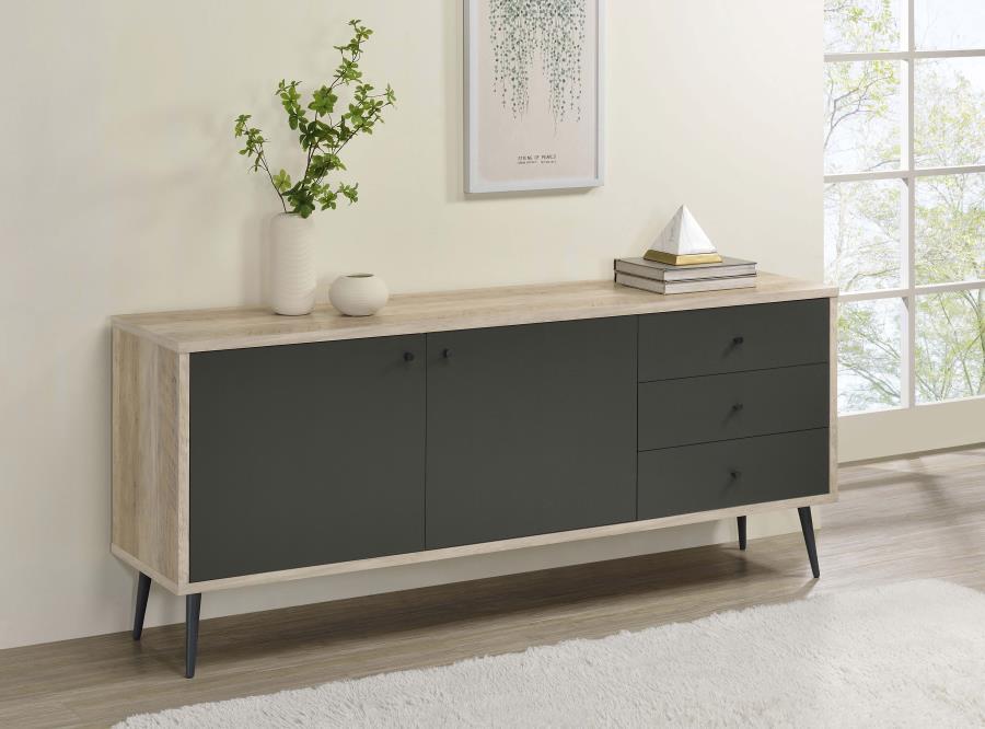 Light, airy energy and minimalist Scandi design combine to create a chic storage solution for any room. A modern accent cabinet features a pine wood finish case that-'s cool and neutral, perfect for a living or dining room. Door and drawer fronts add a co