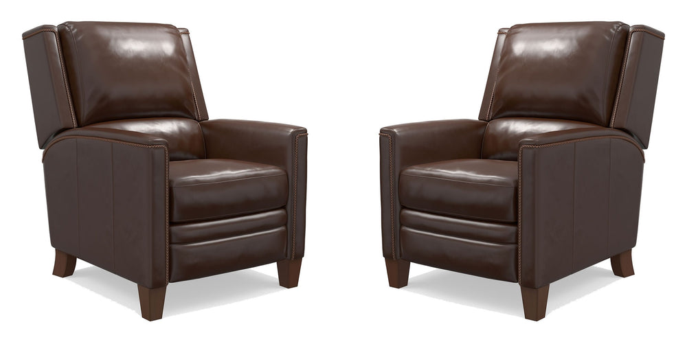 The Connor recliner boasts an effortless manual pushback recline for seamless relaxation. Upholstered in the finest soft leather with a custom match, it exudes sophistication. The decorative twisted rope stitching detail adds a touch of elegance, while th