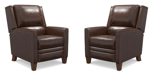 The Connor recliner boasts an effortless manual pushback recline for seamless relaxation. Upholstered in the finest soft leather with a custom match, it exudes sophistication. The decorative twisted rope stitching detail adds a touch of elegance, while th