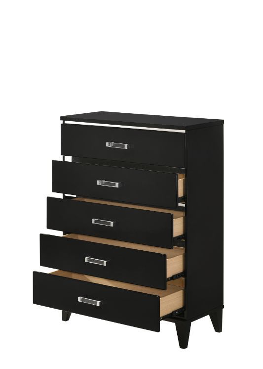 Explore modern simplicity that easily improve your overall aesthetic. The contemporary lines of this chest works perfectly with the temping finish, while decorative sliver trims add depth and reflect light. It offers five storage drawers with clear acryli