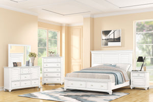 The Jamestown 5-Piece Wood Bedroom Set in White offers a perfect blend of durability, style, and practicality for your bedroom. This comprehensive set includes a Panel Bed, Dresser, Mirror, Nightstand, and Chest, all meticulously crafted from solid Acacia