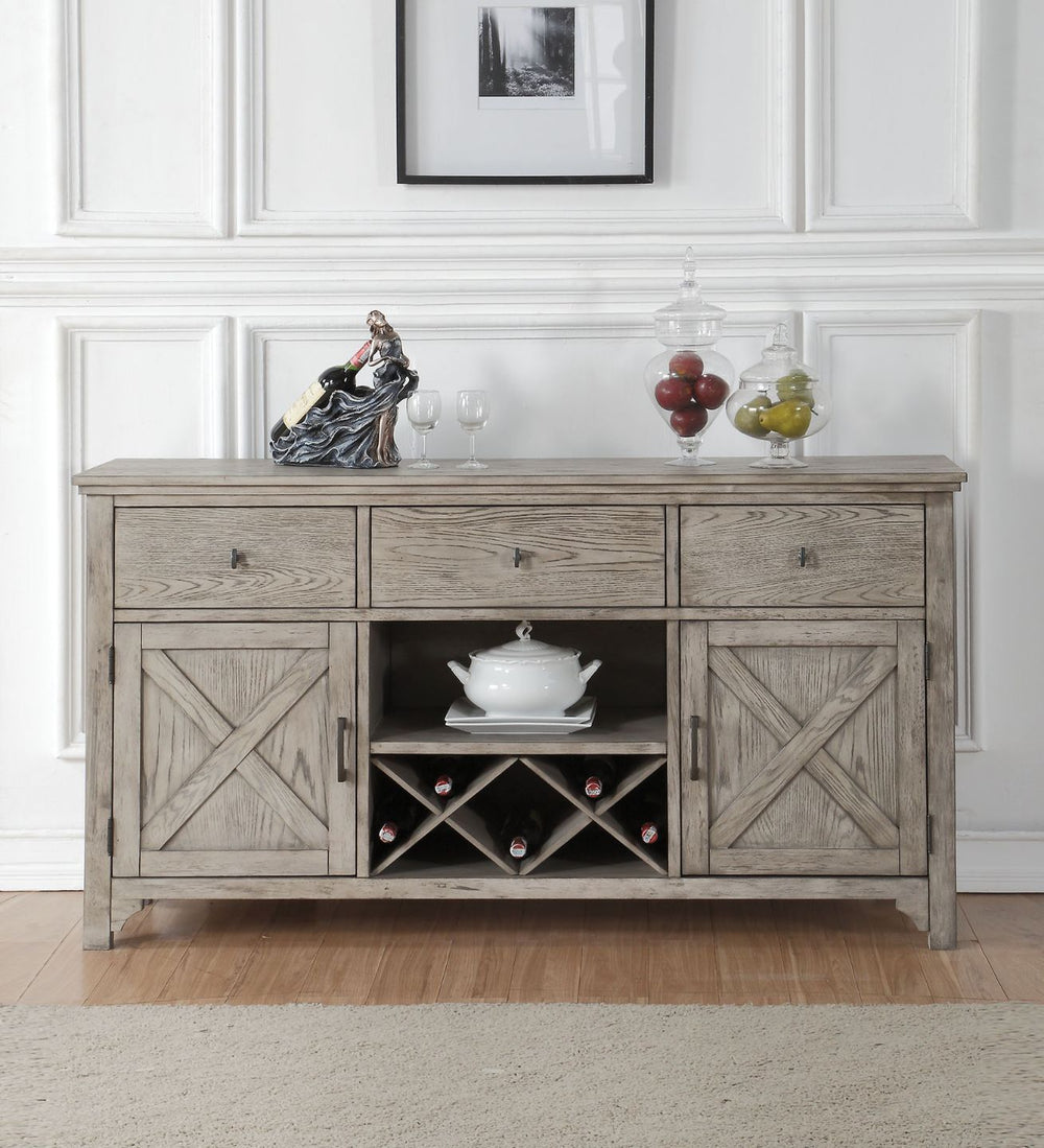 Assambled Rectangular Server w/3 Drw, 2 Wooden Doors (1 Shelf Inside), Wine Bottle Rack & Open Compartment Wooden Frame Drawer: GLIDE Side Metal (Ball Bearing, Full Ext), DT English, Felt-Lined Included, Manual Close Q&A] Drawer: 18-" x 14-" x 8-"H<br/><b
