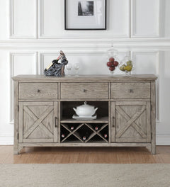 Assambled Rectangular Server w/3 Drw, 2 Wooden Doors (1 Shelf Inside), Wine Bottle Rack & Open Compartment Wooden Frame Drawer: GLIDE Side Metal (Ball Bearing, Full Ext), DT English, Felt-Lined Included, Manual Close Q&A] Drawer: 18-" x 14-" x 8-"H<br/><b