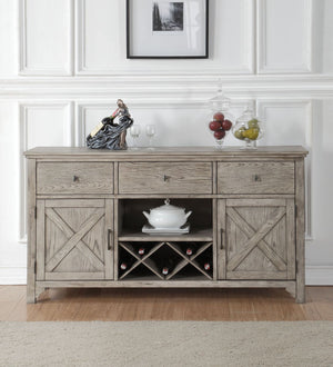 Assambled Rectangular Server w/3 Drw, 2 Wooden Doors (1 Shelf Inside), Wine Bottle Rack & Open Compartment Wooden Frame Drawer: GLIDE Side Metal (Ball Bearing, Full Ext), DT English, Felt-Lined Included, Manual Close Q&A] Drawer: 18-" x 14-" x 8-"H<br/><b