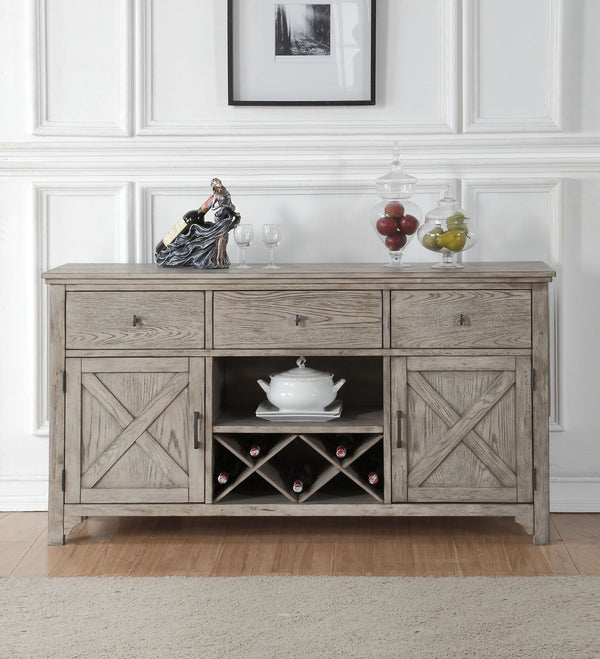 Assambled Rectangular Server w/3 Drw, 2 Wooden Doors (1 Shelf Inside), Wine Bottle Rack & Open Compartment Wooden Frame Drawer: GLIDE Side Metal (Ball Bearing, Full Ext), DT English, Felt-Lined Included, Manual Close Q&A] Drawer: 18-" x 14-" x 8-"H<br/><b
