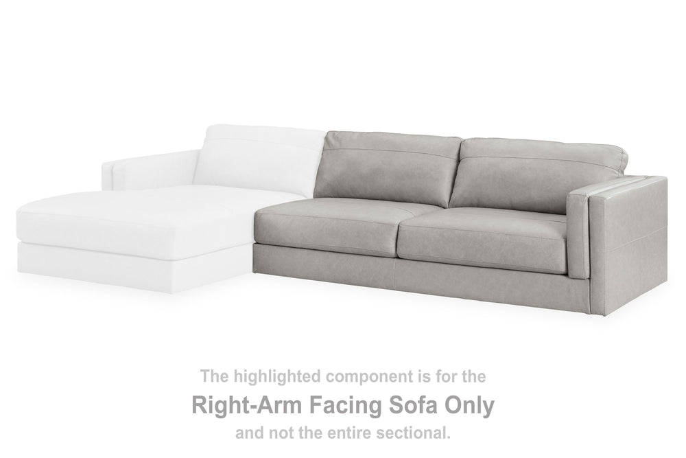 This right-arm facing sofa is made with a combination of 100% top grain leather and faux leather upholstery. Pairs with other items in the series to make a sectional.<br><br><b>Additional Dimensions</b><br><ul><li>Arm height: 26-"</li><li>Seat depth: 27-"