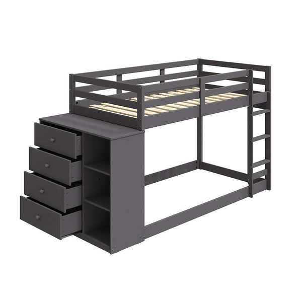  this Twin over Twin Bunk Bed is perfect for your home. This Gaston bunk bed with cabinet is designed with a clean silhouette and a modern gray finish. Use the bottom for additio