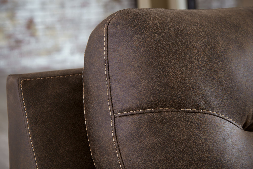If you love the idea of a luxe look that won-'t break the bank, make yourself comfortable with this alluring walnut brown sectional. Designed to look like the real thing, it-'s wrapped in a practical faux leather loaded with natural tonal variation and a 