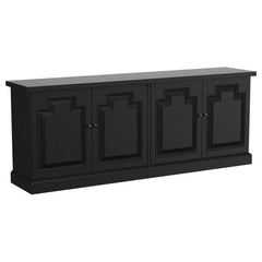 This four-door sideboard offers a refined blend of storage and style, perfect for dining and entertaining spaces. Crafted from pine, plywood, and pine veneer, it features a beautifully planked top that enhances its rustic charm. Raised panel doors lend a 
