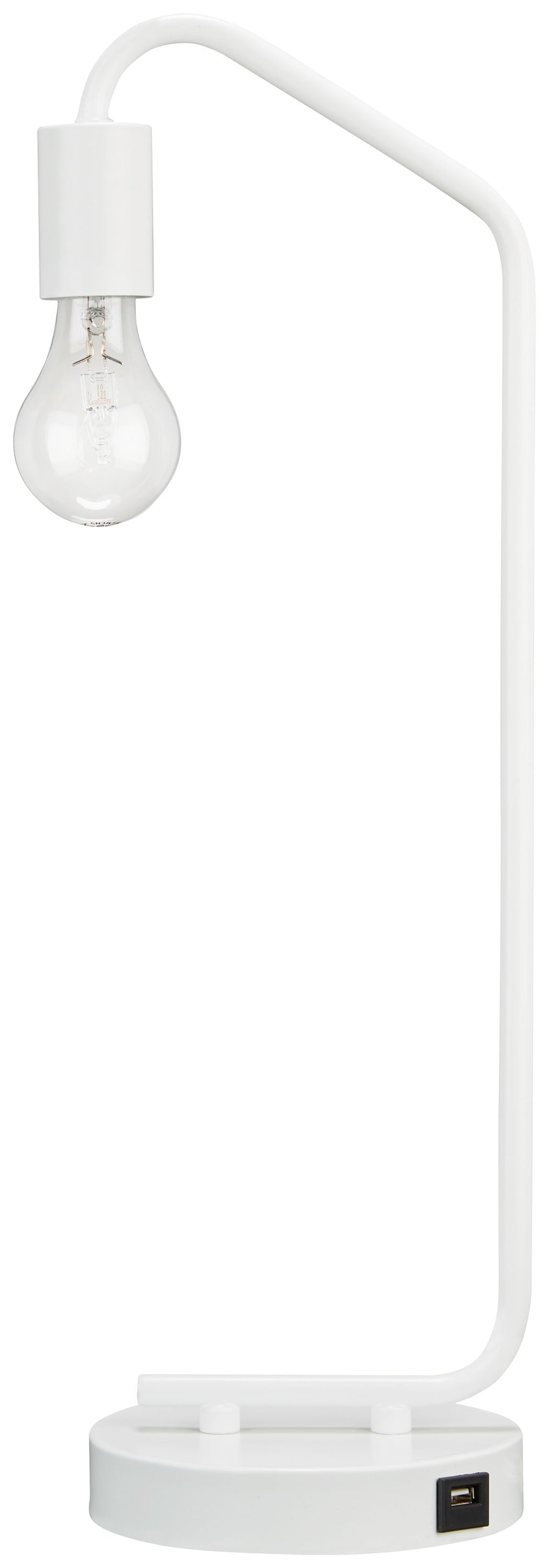 Brilliant in its minimalist form, this desk lamp suspends its exposed bulb in one sleek swoop. Constructed of metal, the compact, lightweight lamp is portable and features a single USB charging port. We see it glowing bedside, on a bookshelf or on either 