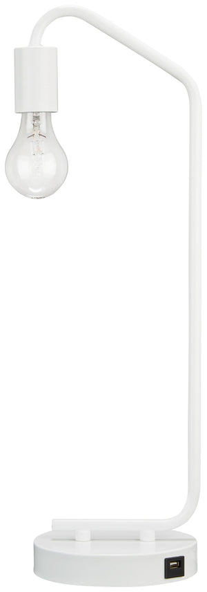 Brilliant in its minimalist form, this desk lamp suspends its exposed bulb in one sleek swoop. Constructed of metal, the compact, lightweight lamp is portable and features a single USB charging port. We see it glowing bedside, on a bookshelf or on either 