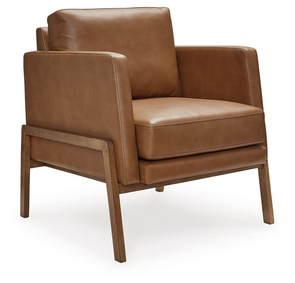 This accent chair is effortlessly elevated with its sleek, clean lines. Caramel faux leather gives your space a luxe vibe while keeping the price within reach. The chair-'s simple take on contemporary aesthetics gives you versatility while stagingâ€”set i