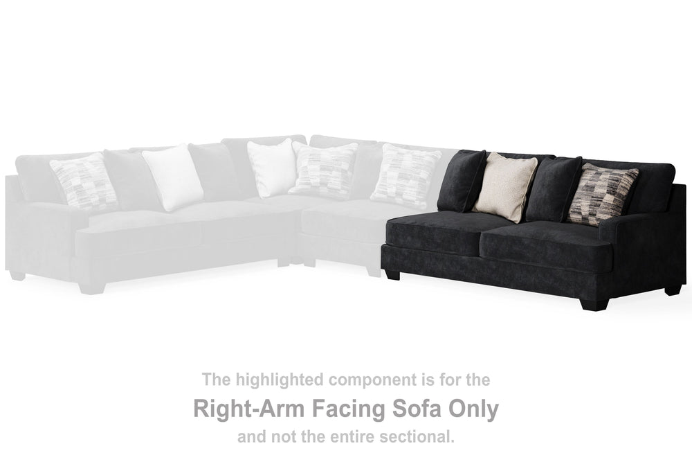 This right-arm facing sofa is made with polyester upholstery. Pairs with other items in the series to make a sectional.<br><br><b>Additional Dimensions</b><br><ul><li>Arm height: 26-"</li><li>Seat depth: 27-"</li><li>Seat height: 21-"</li><li>Top of cushi