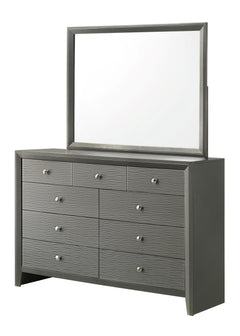 This bedroom collection is the embodiment of sleek, contemporary design, characterized by its rich gunmetal finish and distinctive textured front panels. The centerpiece, a chic bed with a statement headboard, features geometric paneling that adds depth a
