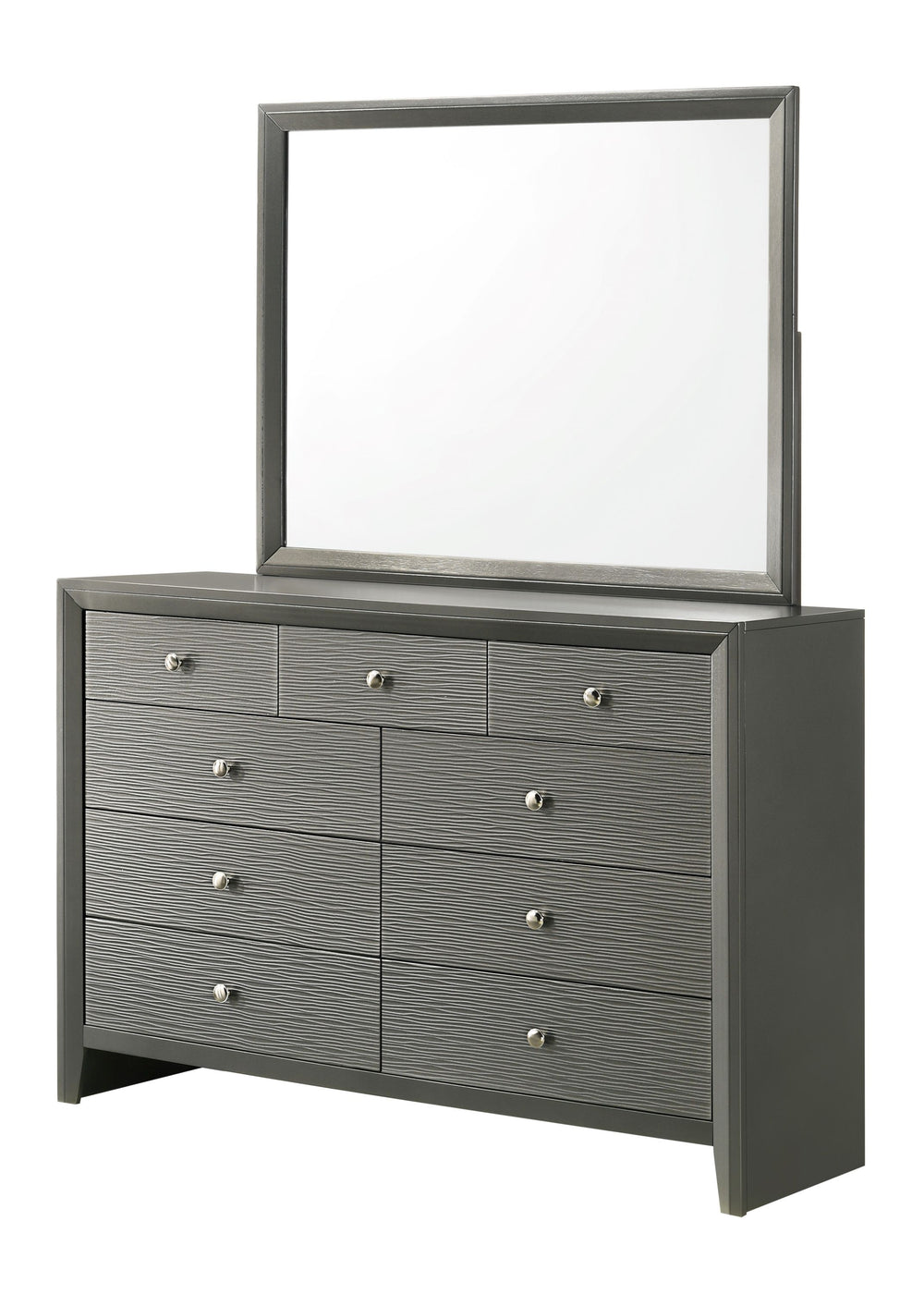 This bedroom collection is the embodiment of sleek, contemporary design, characterized by its rich gunmetal finish and distinctive textured front panels. The centerpiece, a chic bed with a statement headboard, features geometric paneling that adds depth a