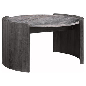 This 33-inch coffee table merges contemporary flair with lasting durability. Its grey marble scratch-resistant and eco-friendly laminate veneer top complements a distressed grey scratch-resistant and eco-friendly laminate veneer frame. Crafted from engine