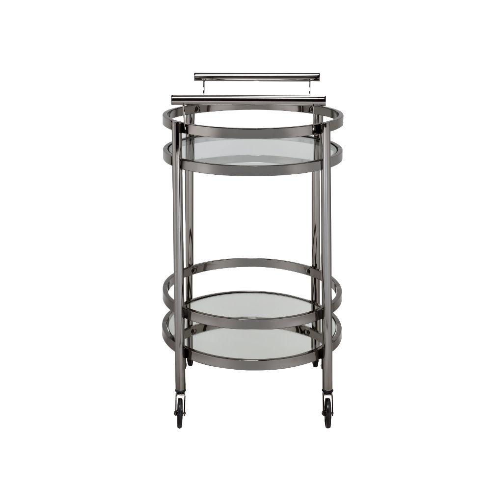 Show off your personality with the Lakelyn serving cart, featuring a metal frame finished in black nickel and top tray of glass and lower mirrored shelf for that glam appeal. The clear tempered glass top and mirror bottom are the ideal place for placing y