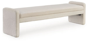 This accent bench helps you craft a cozy space without sacrificing the high-style vibe you love. Clean lines and a simple silhouette give it a contemporary, tailored feel. Inviting faux shearling fabric and rounded edges soften the look. Whether it-'s at 