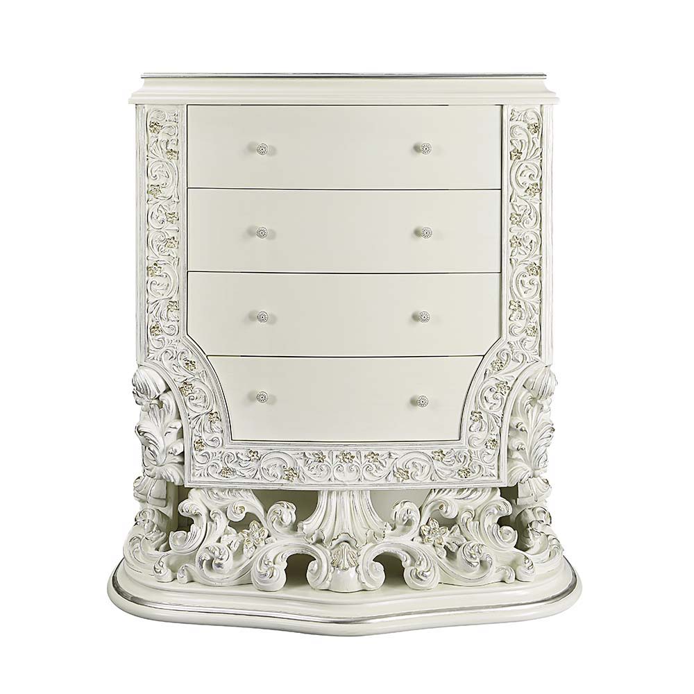 Bringing a modern approach to the classic ornate Rococo style, the Adara bed blends in contemporary touches with traditional design details. The PU adds a fresh approach to the intricately embellished bed. The antique white is embellished with light gold 