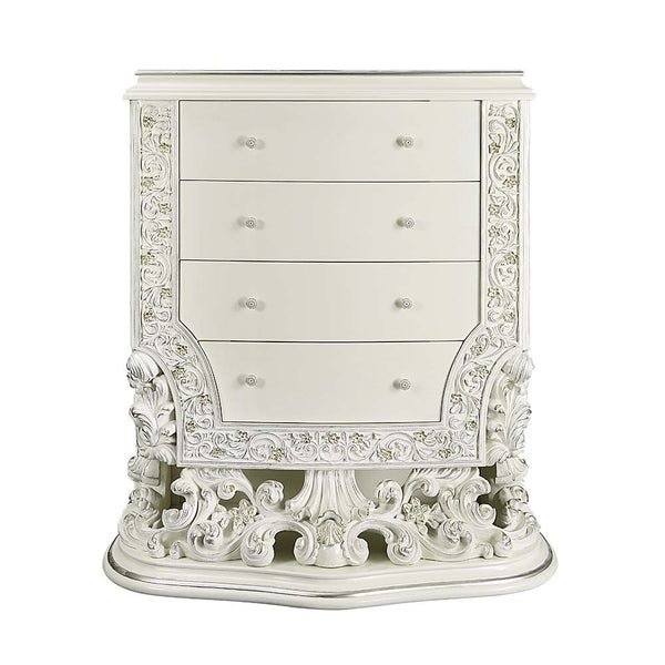  the Adara bed blends in contemporary touches with traditional design details. The PU adds a fresh approach to the intricately embellished bed. The antique white is embellished with light gold 