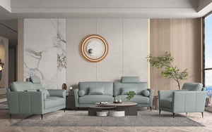 the Tussio collection offers comfort and style. The gorgeous watery leather finish is fresh and fun. Included are bolster cushions and pillows to match the seating. The headrest provides added comfort