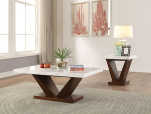 KD, Rectangular Coffee Table â€¢ Top: Real Marble â€¢ Wooden -"V-" Shape Base & Support Panel<br/><br/><b>Product Features</b><ul><li>Real Marble Top</li><li>Wooden -"V-" Shape Base</li><li>Forbes Collection: Dining 72120, Server 72123, Occasional 83335</